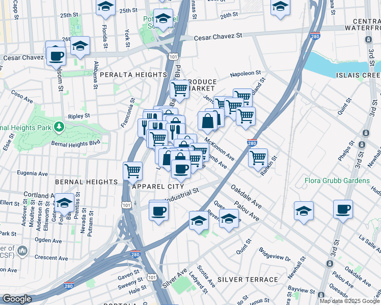map of restaurants, bars, coffee shops, grocery stores, and more near 2262 Palou Avenue in San Francisco