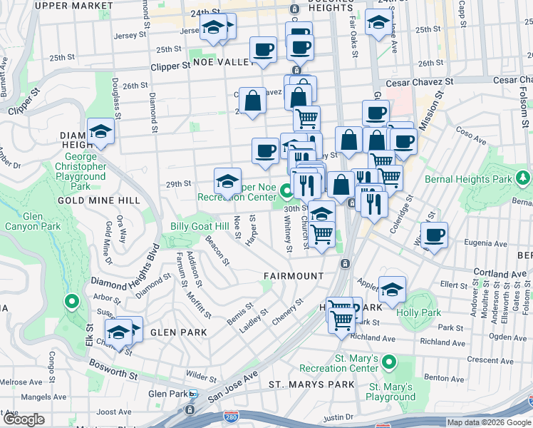 map of restaurants, bars, coffee shops, grocery stores, and more near 401 30th Street in San Francisco