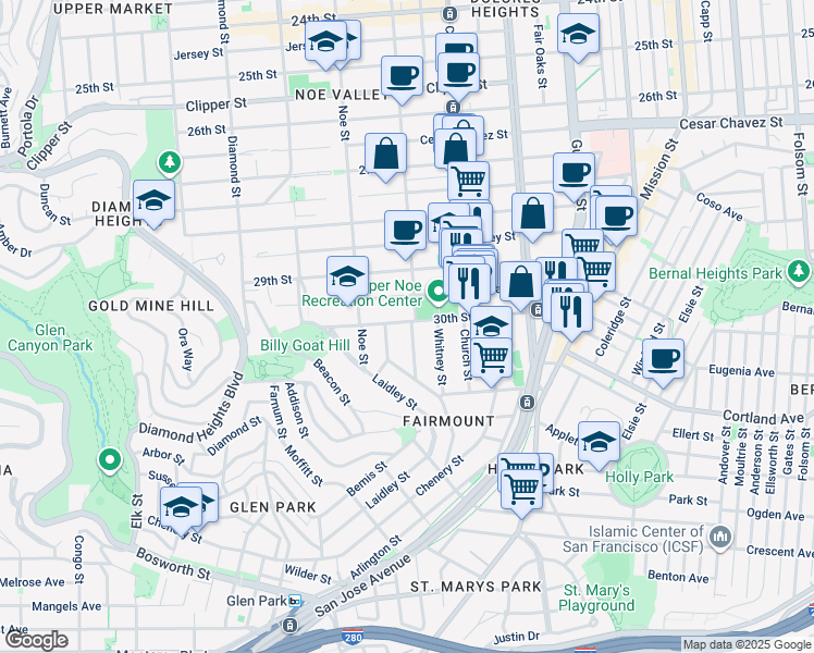 map of restaurants, bars, coffee shops, grocery stores, and more near 1713 Sanchez Street in San Francisco