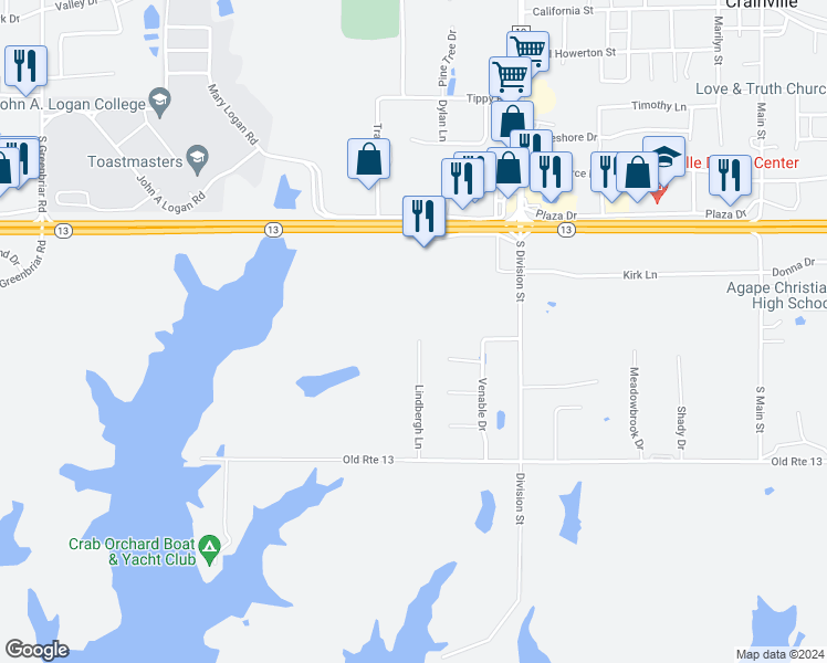 map of restaurants, bars, coffee shops, grocery stores, and more near 1517 Lindbergh Lane in Carterville