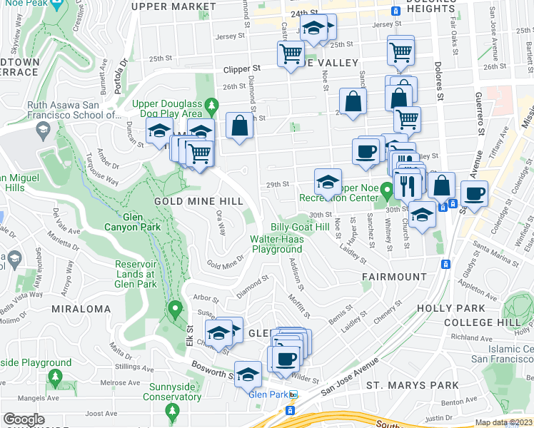 map of restaurants, bars, coffee shops, grocery stores, and more near 1927 Diamond Street in San Francisco