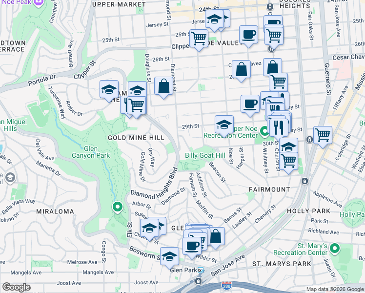 map of restaurants, bars, coffee shops, grocery stores, and more near 1927 Diamond Street in San Francisco