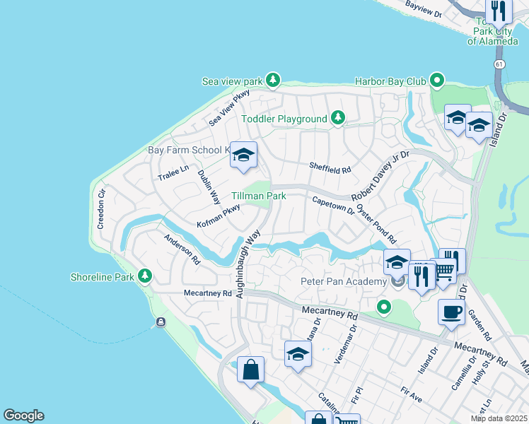map of restaurants, bars, coffee shops, grocery stores, and more near 35 Cove Road in Alameda