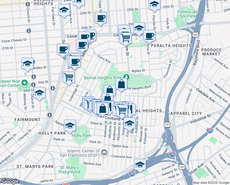 map of restaurants, bars, coffee shops, grocery stores, and more near 84 Anderson Street in San Francisco
