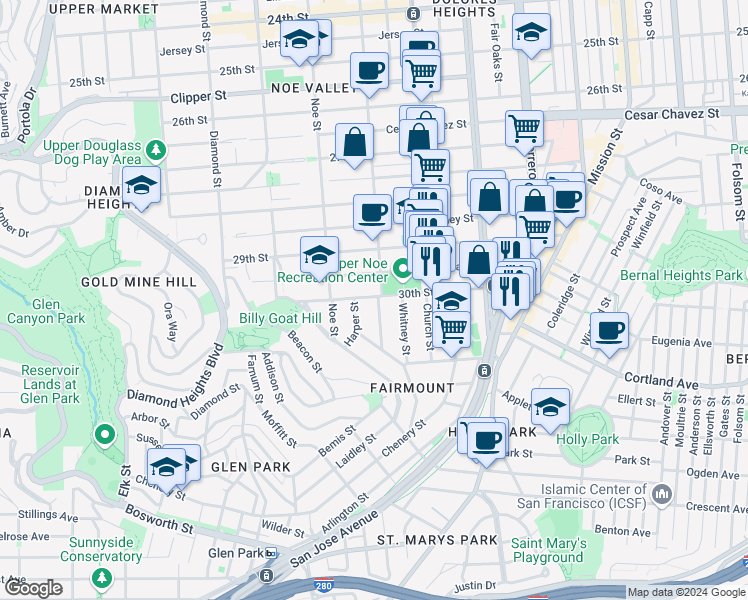 map of restaurants, bars, coffee shops, grocery stores, and more near 401 30th Street in San Francisco