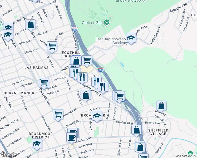 map of restaurants, bars, coffee shops, grocery stores, and more near 205 Julius Street in San Leandro