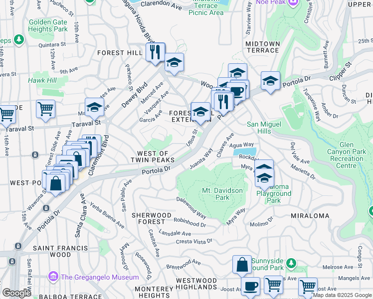 map of restaurants, bars, coffee shops, grocery stores, and more near 327 Ulloa Street in San Francisco