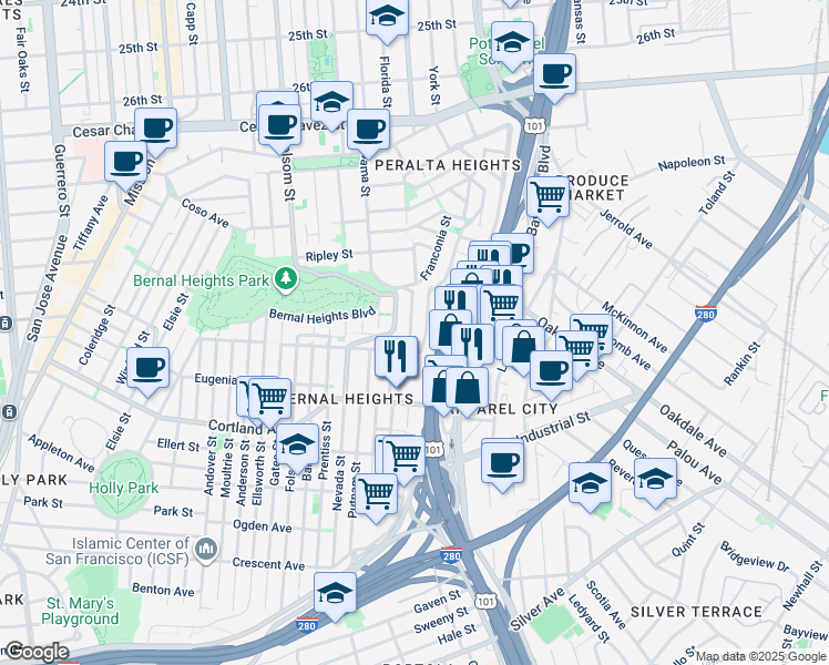 map of restaurants, bars, coffee shops, grocery stores, and more near 671 Peralta Avenue in San Francisco