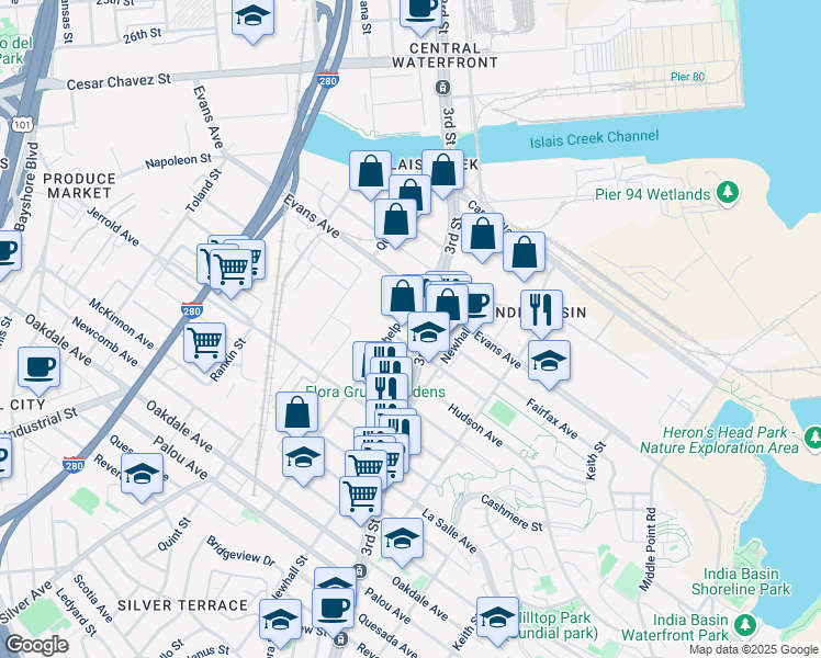 map of restaurants, bars, coffee shops, grocery stores, and more near 1695 Galvez Avenue in San Francisco