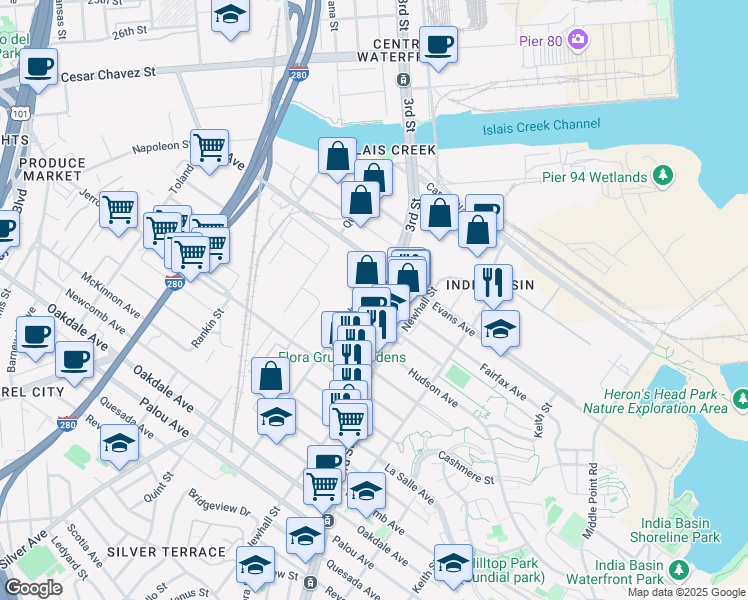 map of restaurants, bars, coffee shops, grocery stores, and more near 1575 Fairfax Avenue in San Francisco
