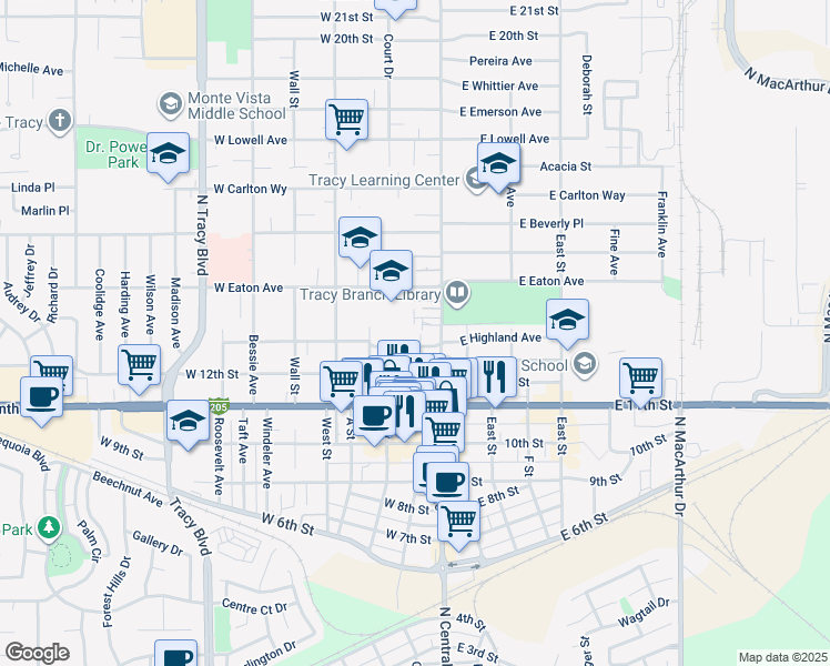 map of restaurants, bars, coffee shops, grocery stores, and more near 26 West Highland Avenue in Tracy