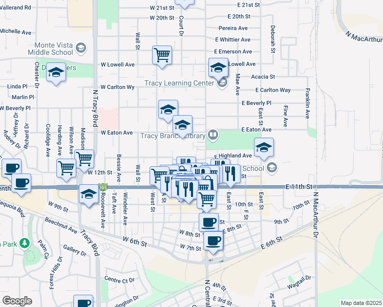 map of restaurants, bars, coffee shops, grocery stores, and more near 26 West Highland Avenue in Tracy