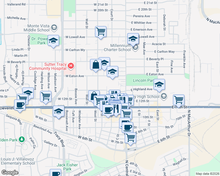 map of restaurants, bars, coffee shops, grocery stores, and more near 139 West Highland Avenue in Tracy