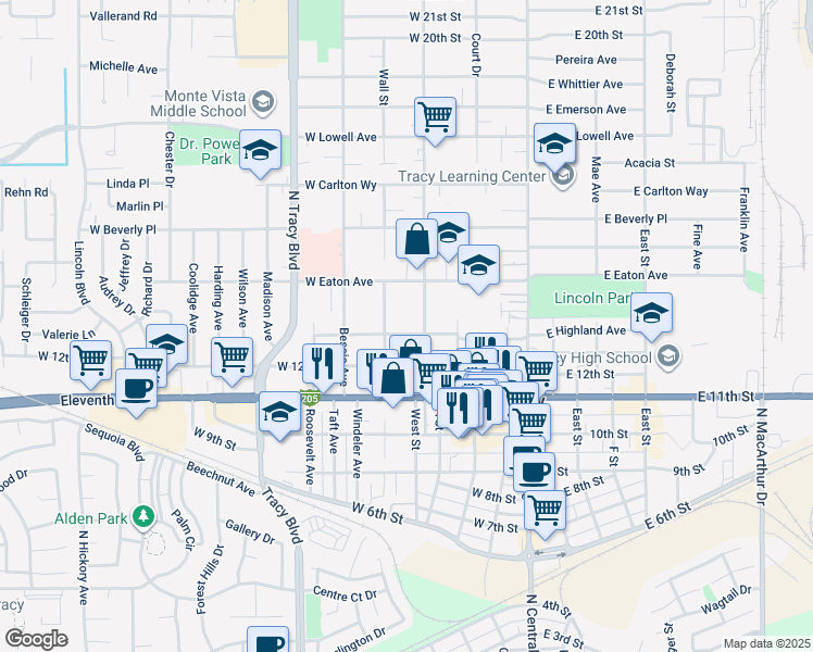 map of restaurants, bars, coffee shops, grocery stores, and more near 344 West Highland Avenue in Tracy