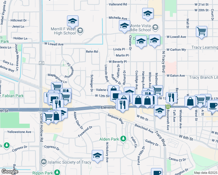 map of restaurants, bars, coffee shops, grocery stores, and more near 1448 Valerie Lane in Tracy