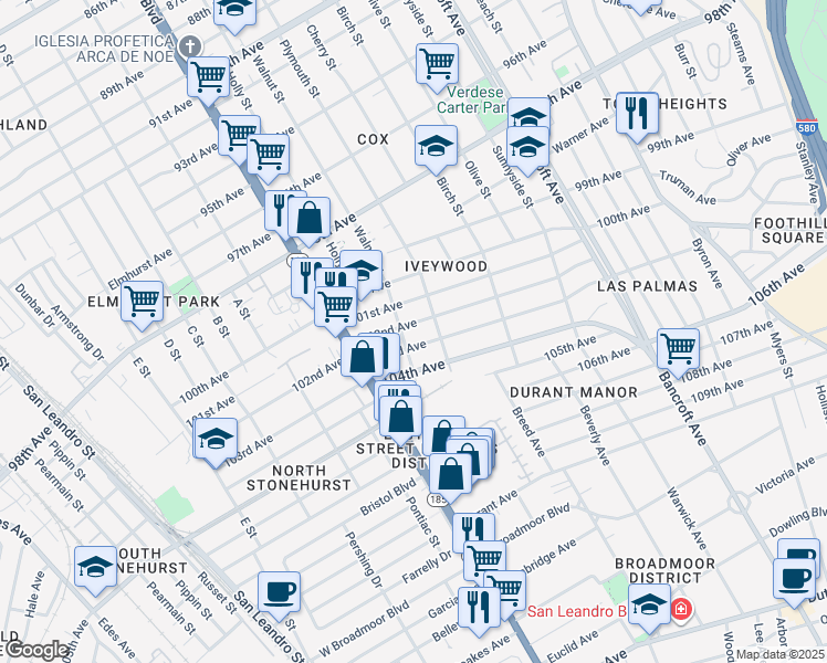 map of restaurants, bars, coffee shops, grocery stores, and more near 1611 103rd Avenue in Oakland