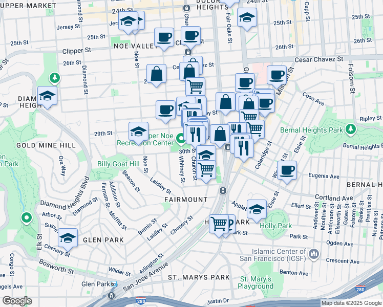 map of restaurants, bars, coffee shops, grocery stores, and more near 1824 Church Street in San Francisco
