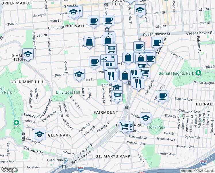 map of restaurants, bars, coffee shops, grocery stores, and more near 1824 Church Street in San Francisco