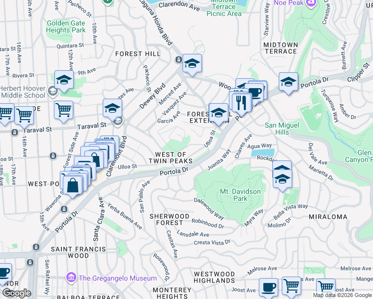 map of restaurants, bars, coffee shops, grocery stores, and more near 428 Ulloa Street in San Francisco