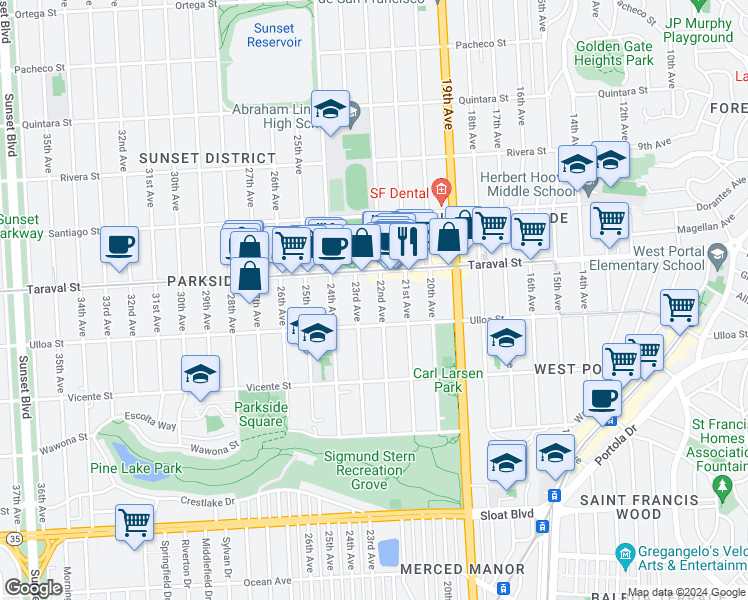 map of restaurants, bars, coffee shops, grocery stores, and more near 2474 23rd Avenue in San Francisco