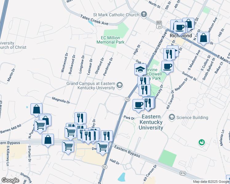 map of restaurants, bars, coffee shops, grocery stores, and more near 105 Barnes Mill Road in Richmond