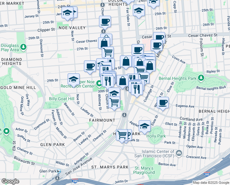 map of restaurants, bars, coffee shops, grocery stores, and more near 2 Chenery Street in San Francisco