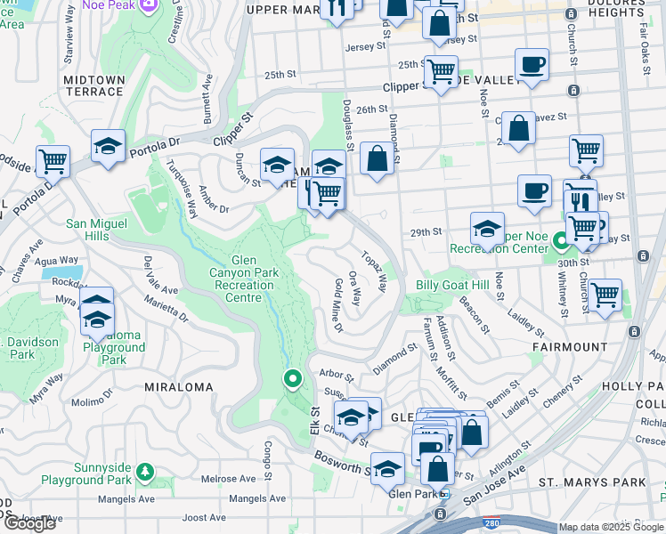 map of restaurants, bars, coffee shops, grocery stores, and more near 2 Gold Mine Drive in San Francisco