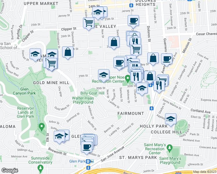 map of restaurants, bars, coffee shops, grocery stores, and more near 496 30th Street in San Francisco