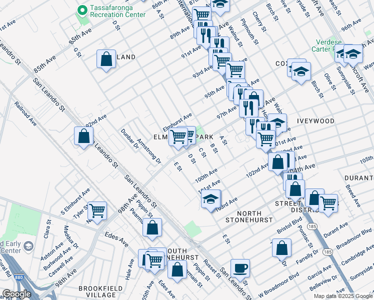 map of restaurants, bars, coffee shops, grocery stores, and more near 98th Ave & D St in Oakland