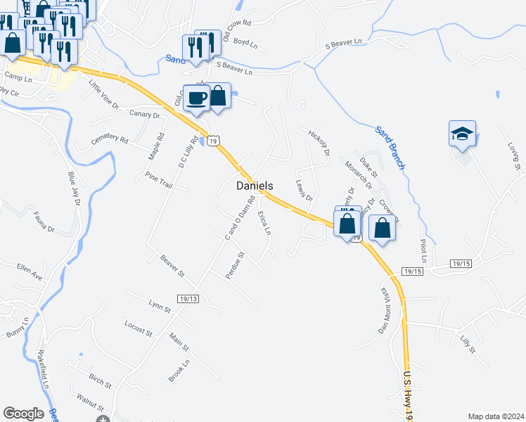 map of restaurants, bars, coffee shops, grocery stores, and more near 1336 Ritter Drive in Daniels