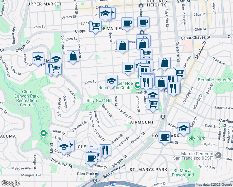 map of restaurants, bars, coffee shops, grocery stores, and more near 498 30th Street in San Francisco