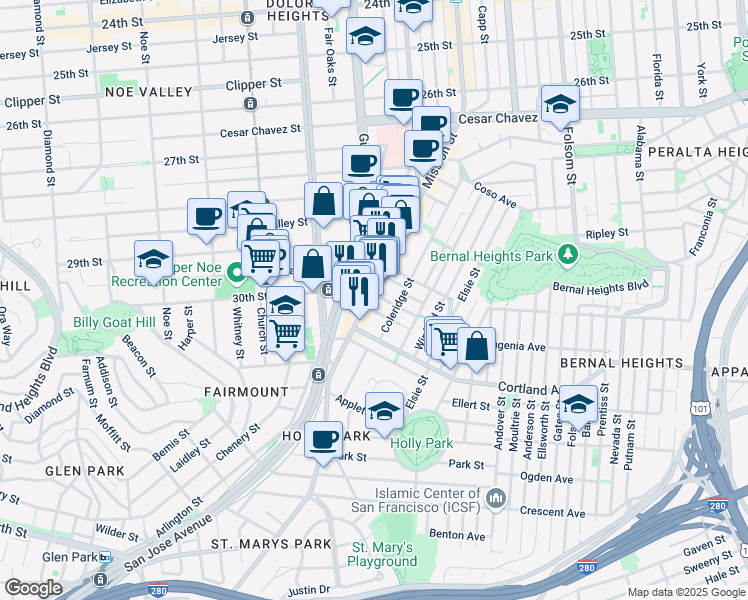 map of restaurants, bars, coffee shops, grocery stores, and more near 3395 Mission Street in San Francisco
