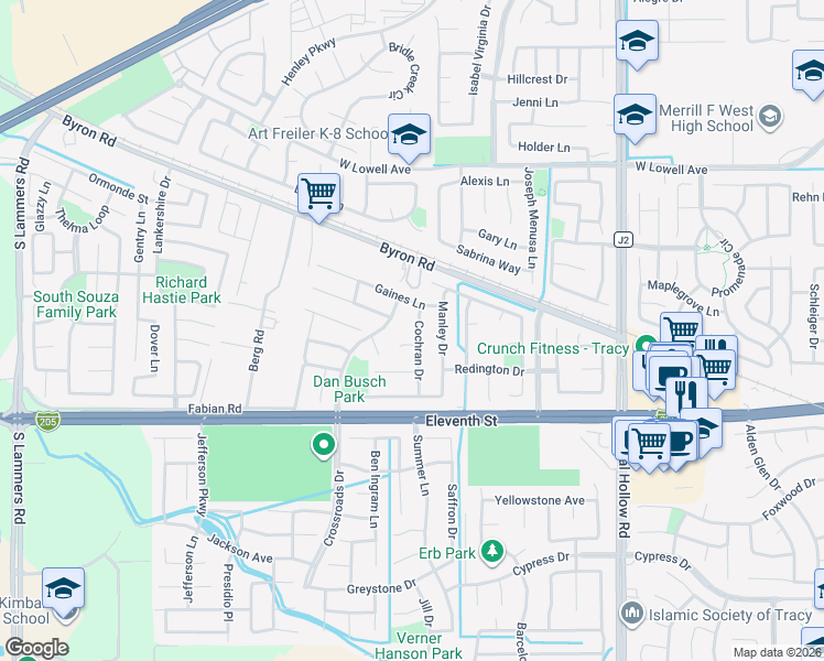 map of restaurants, bars, coffee shops, grocery stores, and more near 1273 Cochran Drive in Tracy