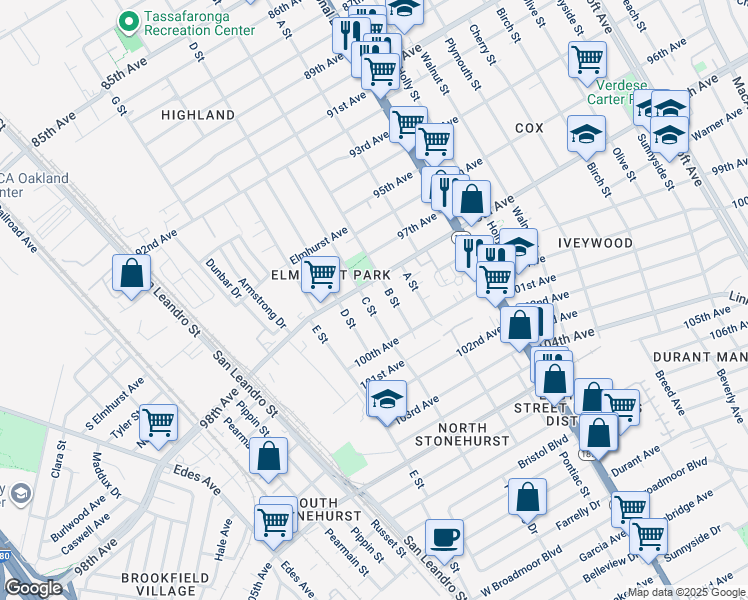 map of restaurants, bars, coffee shops, grocery stores, and more near 9820 C Street in Oakland