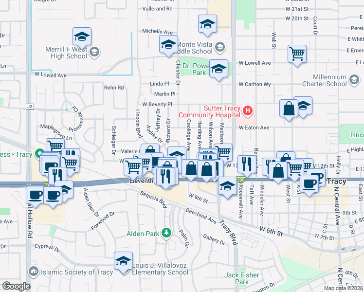 map of restaurants, bars, coffee shops, grocery stores, and more near 1235 Lonna Way in Tracy