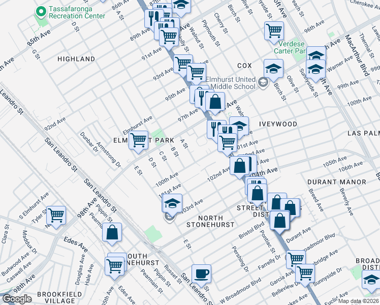 map of restaurants, bars, coffee shops, grocery stores, and more near 9945 A Street in Oakland