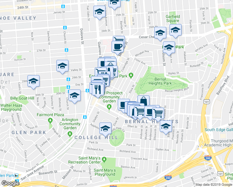 map of restaurants, bars, coffee shops, grocery stores, and more near 236 Winfield Street in San Francisco