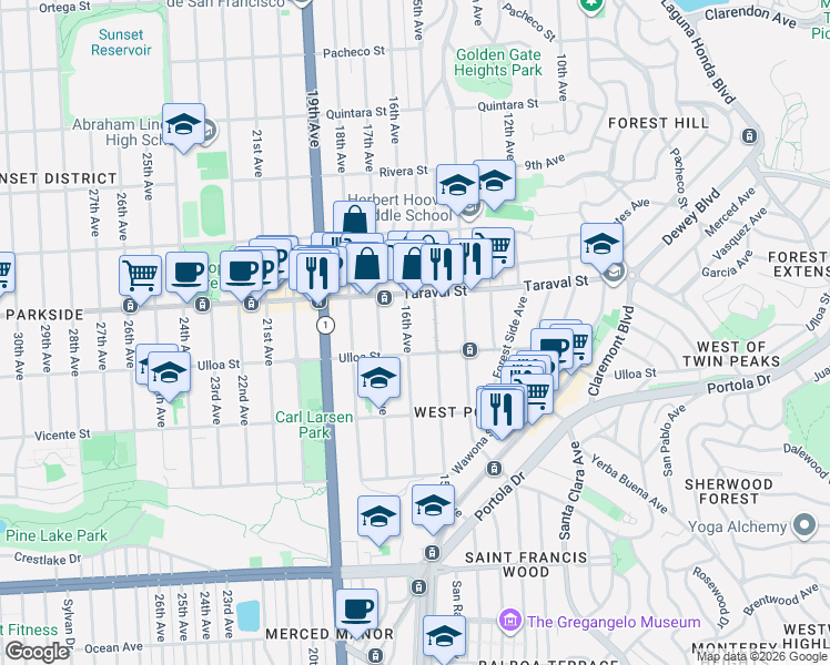 map of restaurants, bars, coffee shops, grocery stores, and more near 1444 Ulloa Street in San Francisco