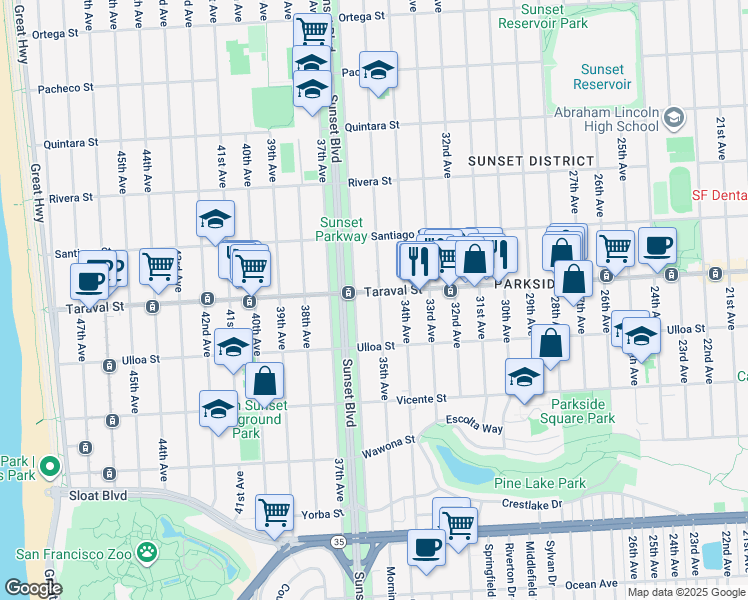 map of restaurants, bars, coffee shops, grocery stores, and more near 2445 35th Avenue in San Francisco