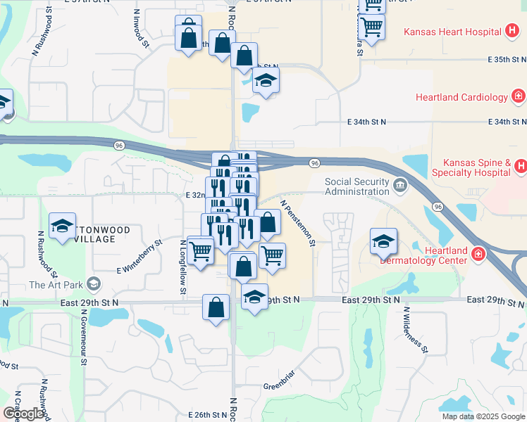 map of restaurants, bars, coffee shops, grocery stores, and more near 8111 North Rock Road in Wichita