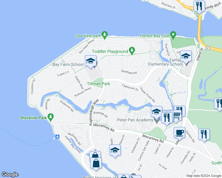 map of restaurants, bars, coffee shops, grocery stores, and more near 35 Sandpiper Place in Alameda