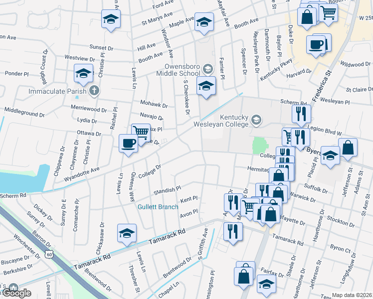 map of restaurants, bars, coffee shops, grocery stores, and more near 1424 College Drive in Owensboro