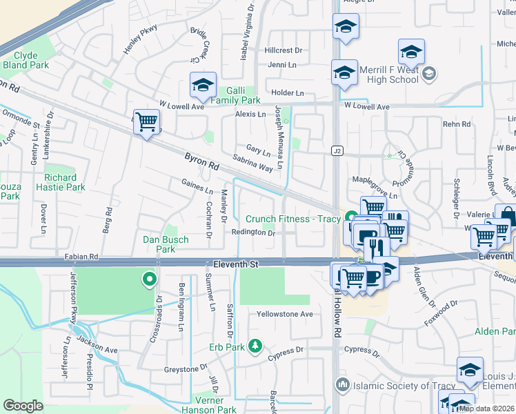 map of restaurants, bars, coffee shops, grocery stores, and more near 1233 Plaza Court in Tracy