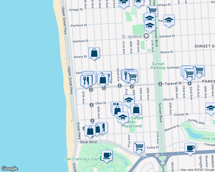 map of restaurants, bars, coffee shops, grocery stores, and more near 3336 Taraval Street in San Francisco