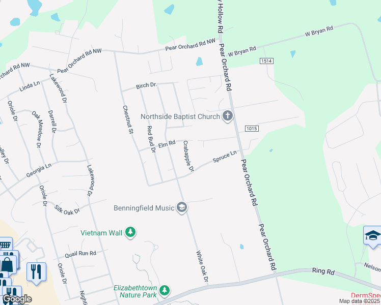 map of restaurants, bars, coffee shops, grocery stores, and more near 307 Crabapple Drive in Elizabethtown