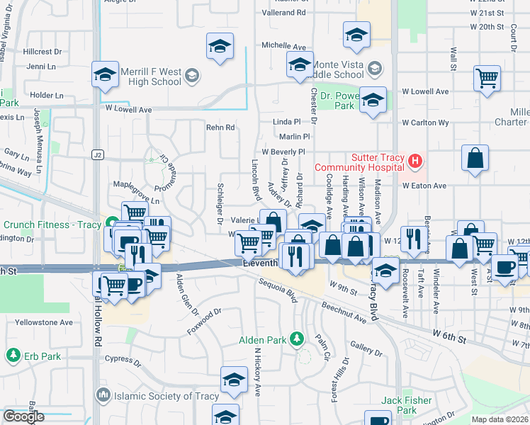 map of restaurants, bars, coffee shops, grocery stores, and more near 1448 Valerie Lane in Tracy