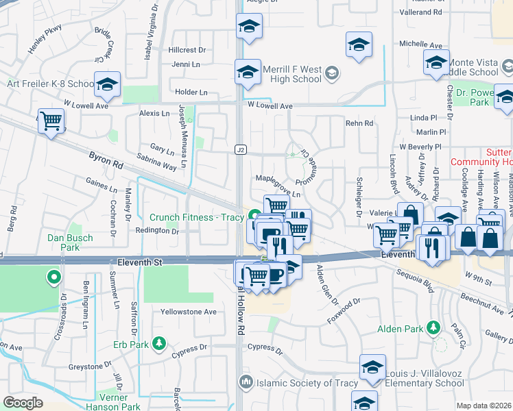map of restaurants, bars, coffee shops, grocery stores, and more near 1970 Knollcrest Lane in Tracy