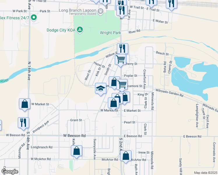map of restaurants, bars, coffee shops, grocery stores, and more near 511 Sunnyside Avenue in Dodge City