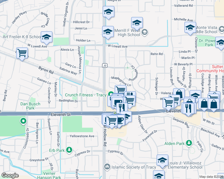 map of restaurants, bars, coffee shops, grocery stores, and more near 1970 Knollcrest Lane in Tracy