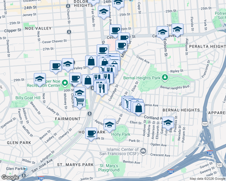 map of restaurants, bars, coffee shops, grocery stores, and more near 315 Coleridge Street in San Francisco